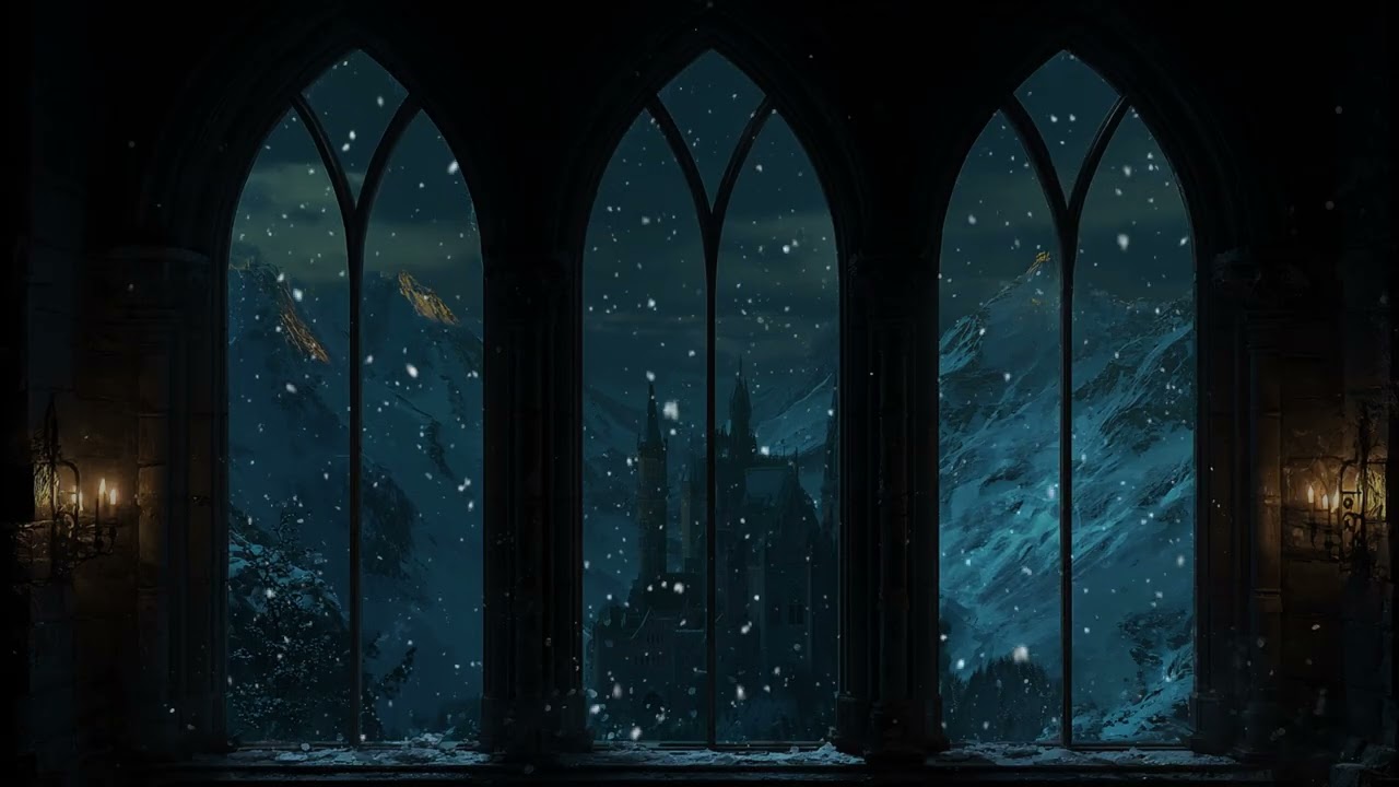 Hogwarts Snowy Castle Window | Gentle Winter Breeze & Soft Snow Sounds for Deep Focus and Rest