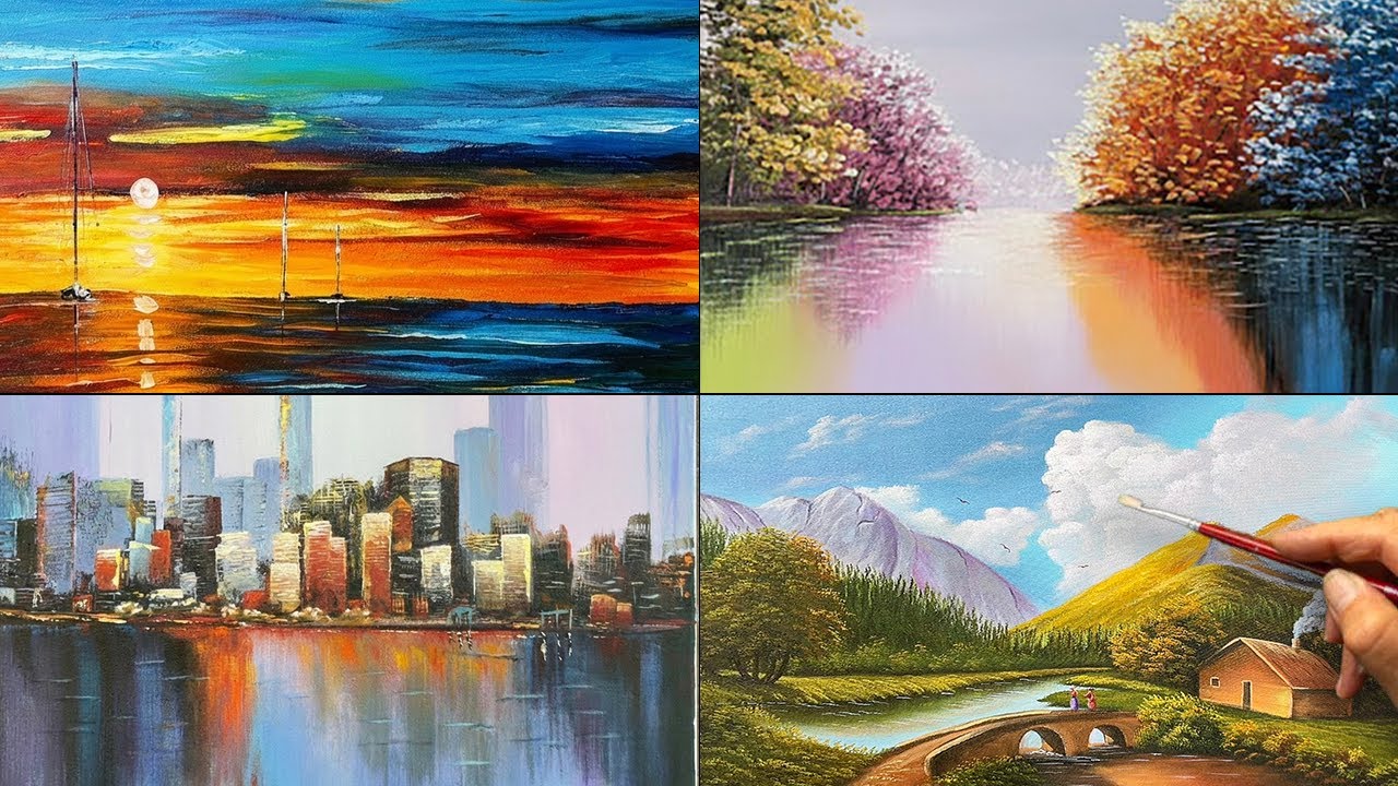 4 Beautiful Acrylic Landscape Paintings | Colorful Nature, City & Sunset Reflections