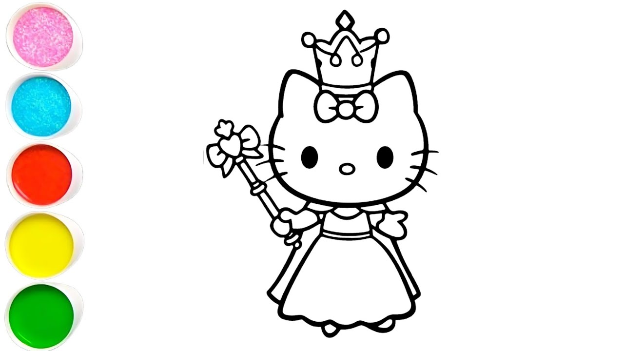 Рисунок и раскраска принцессы Hello Kitty для детей.