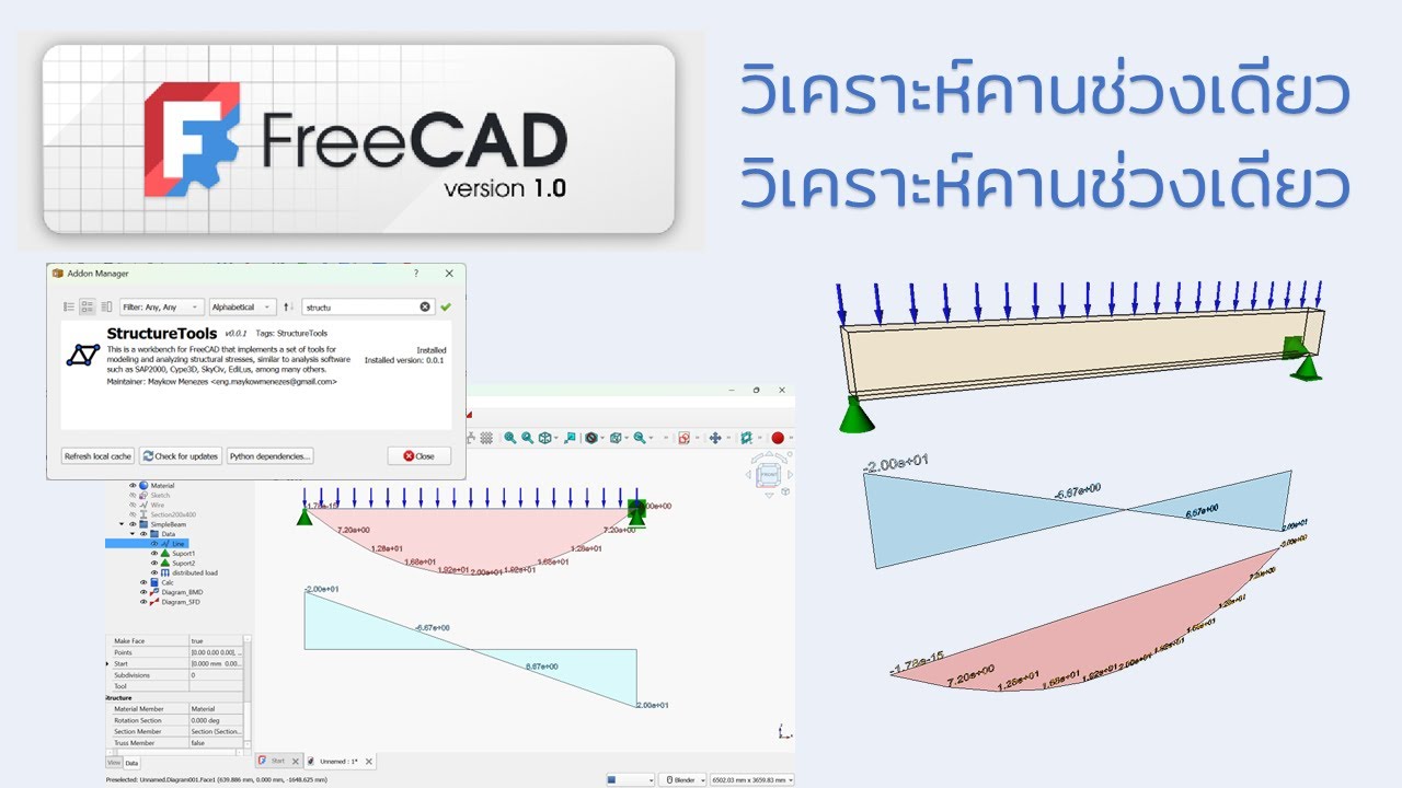 FreeCAD v1.0.1: การวิเคราะห์คานช่วงเดียว รับน.น. W ด้วย StructureTools Workbench ในโปรแกรม FreeCAD