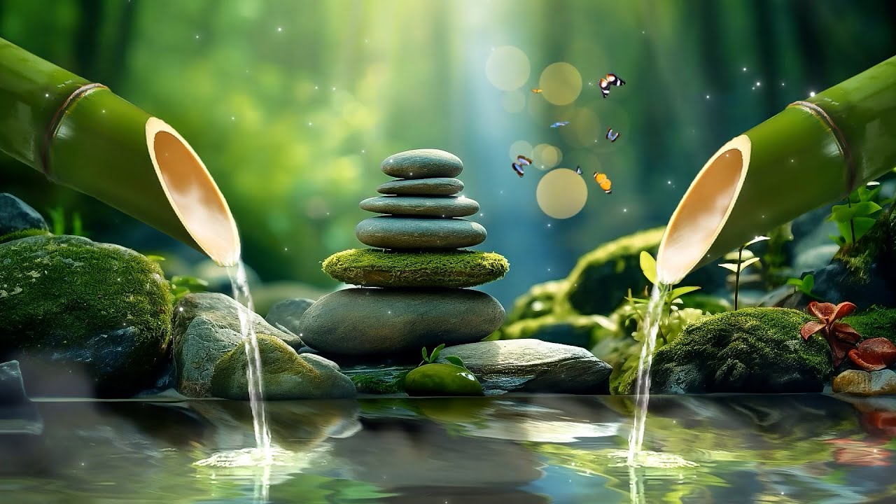 Relaxing Music Relieves Stress, Anxiety and Depression - Bamboo Water Fountain + Healing Piano Music