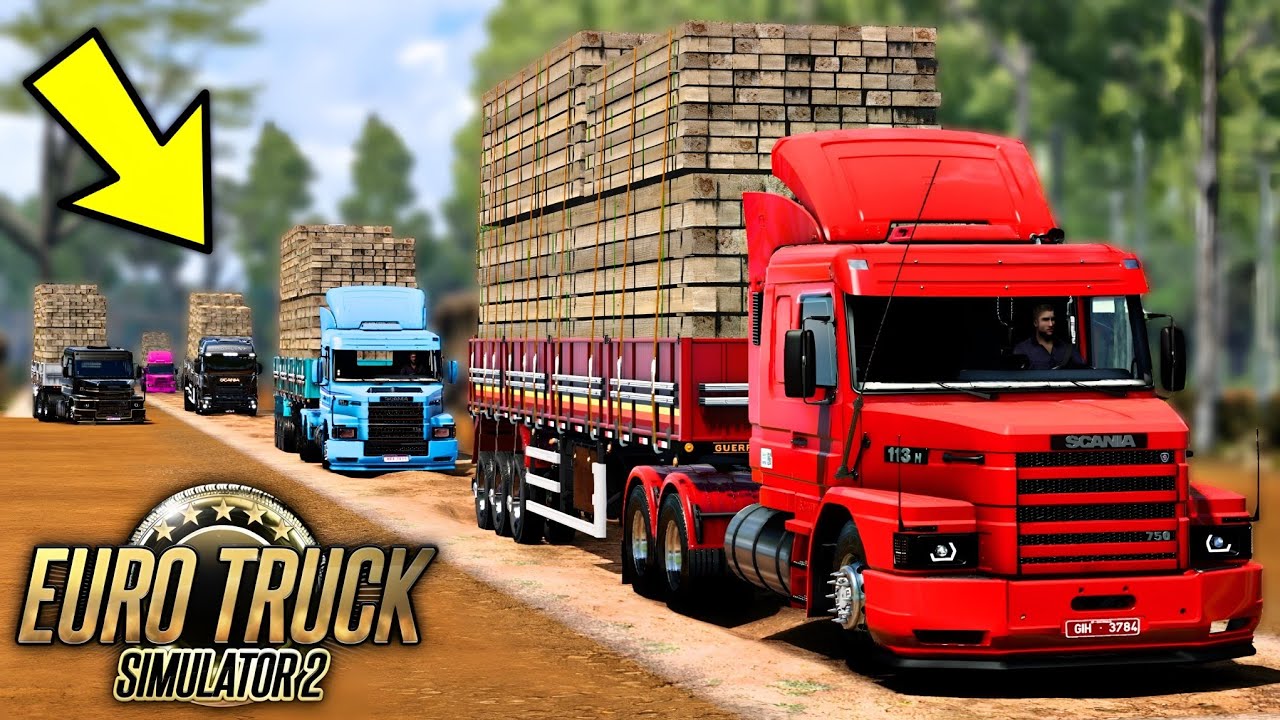 COMBOIO COM CINCO CAMINHÕES PUXANDO 38 TONELADAS NA ESTRADA DE TERRA! - EURO TRUCK SIMULATOR 2