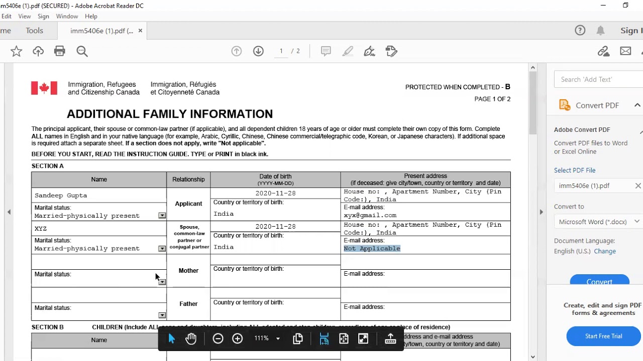 How to fill Additional Family Information Form IMM5406 E
