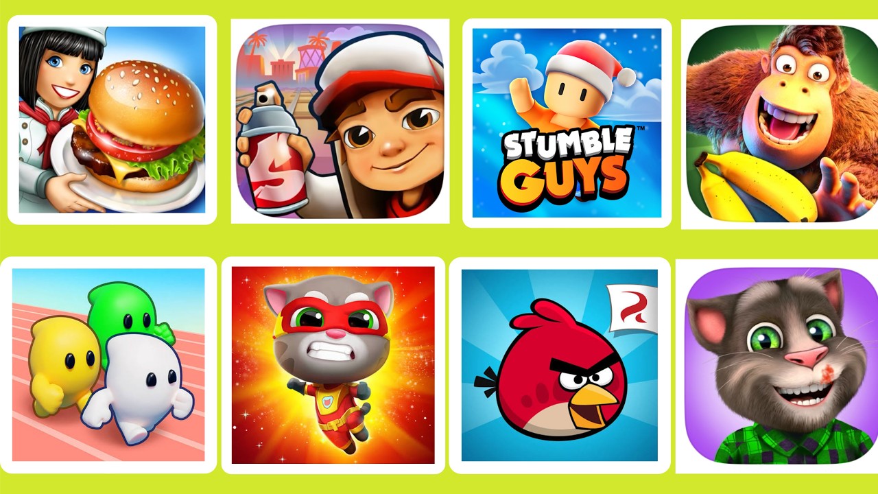 Subway surfers, Angry Birds, Talking Tom, Tom Gilroy,Roblox, mobile games
