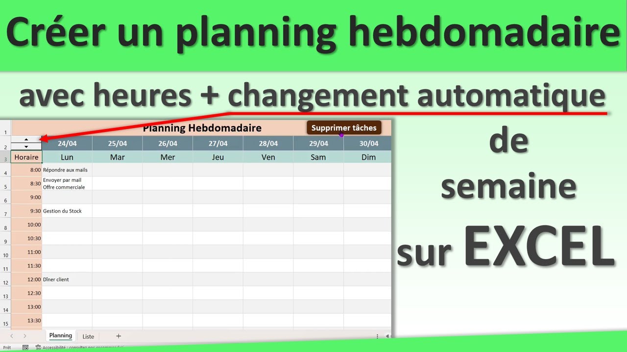 Créer un planning hebdomadaire interactif sur Excel avec heures et changement de semaine
