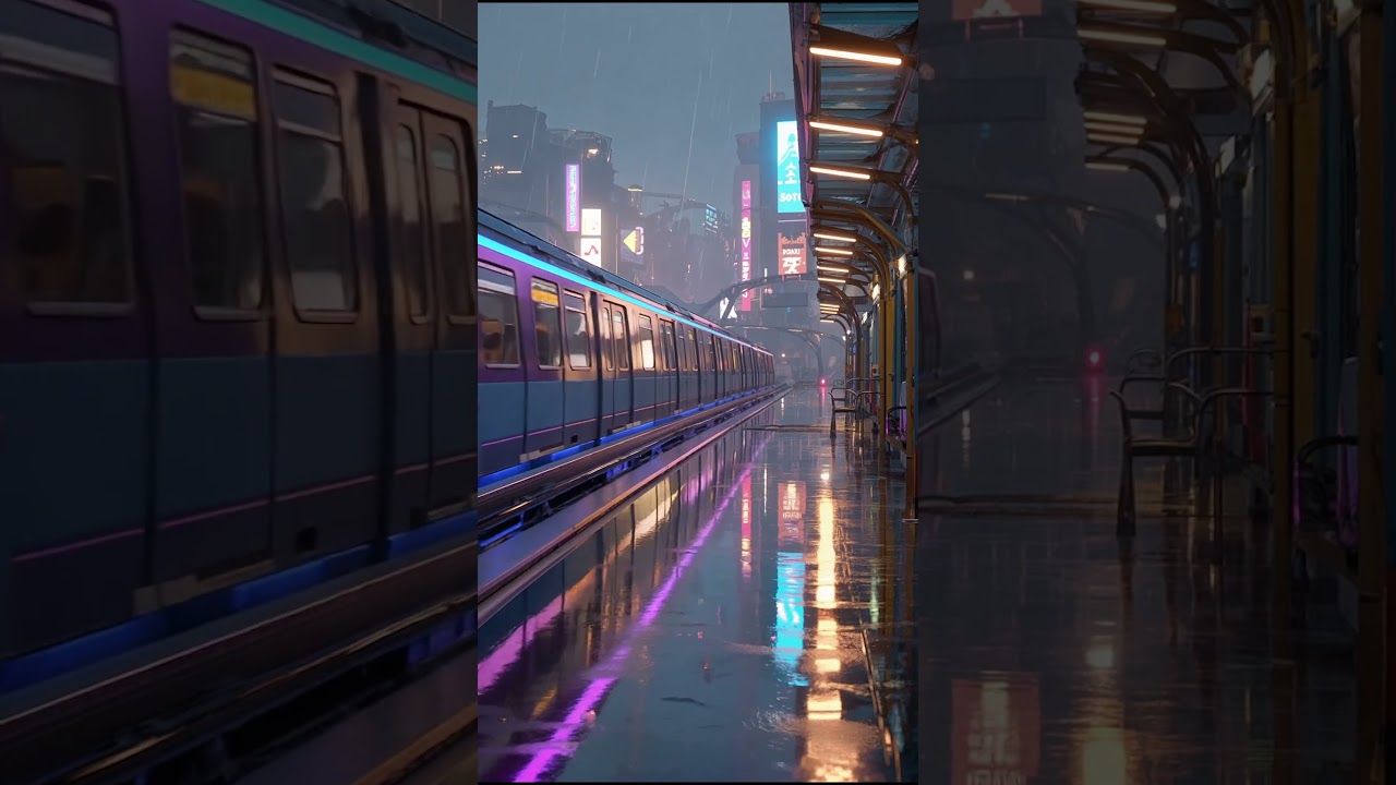 Cyberpunk Rainy Train Station | Futuristic Neon City Ambience