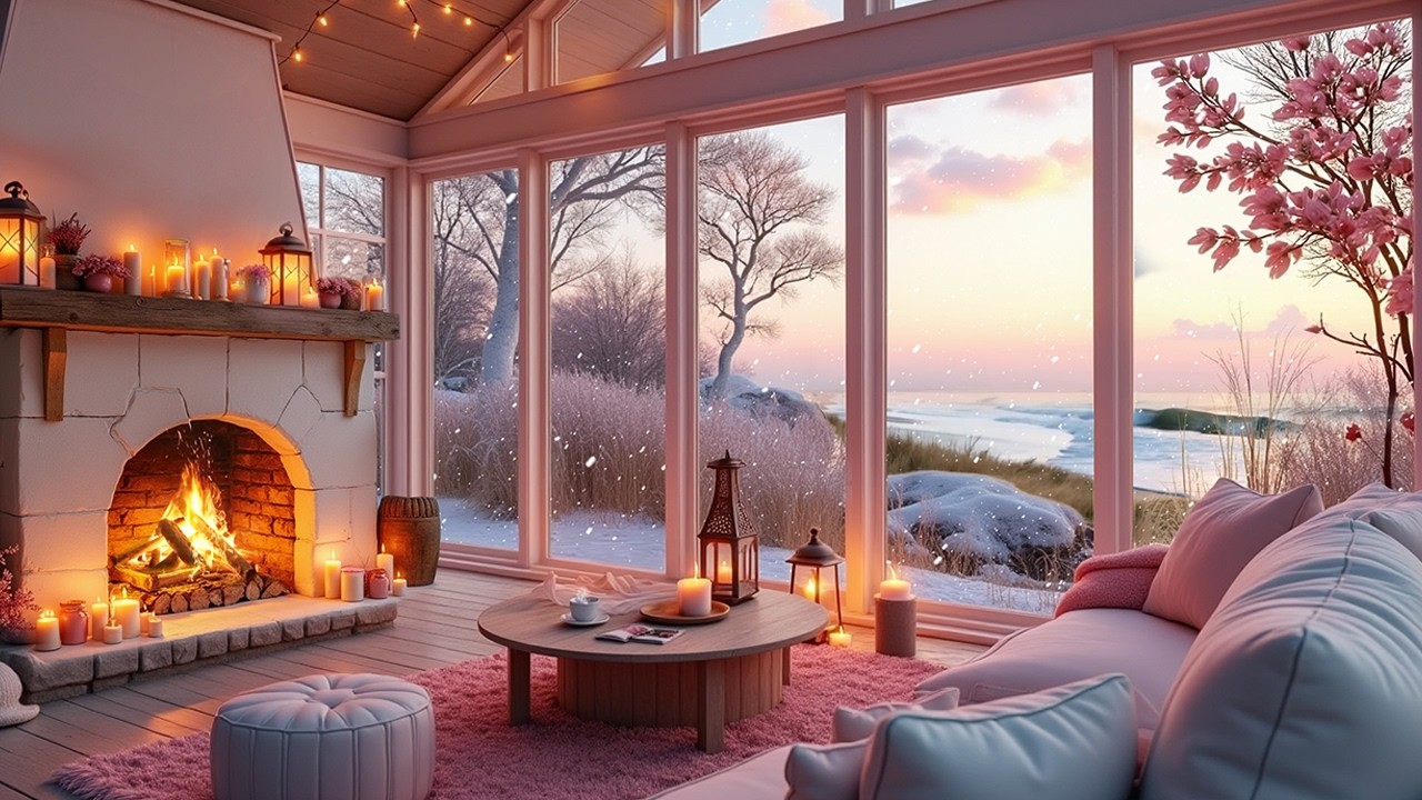 Dreamy Pink Glass Cabin ❄️🌸 Snow, Fireplace & Ocean Waves | Cozy ASMR Hideaway