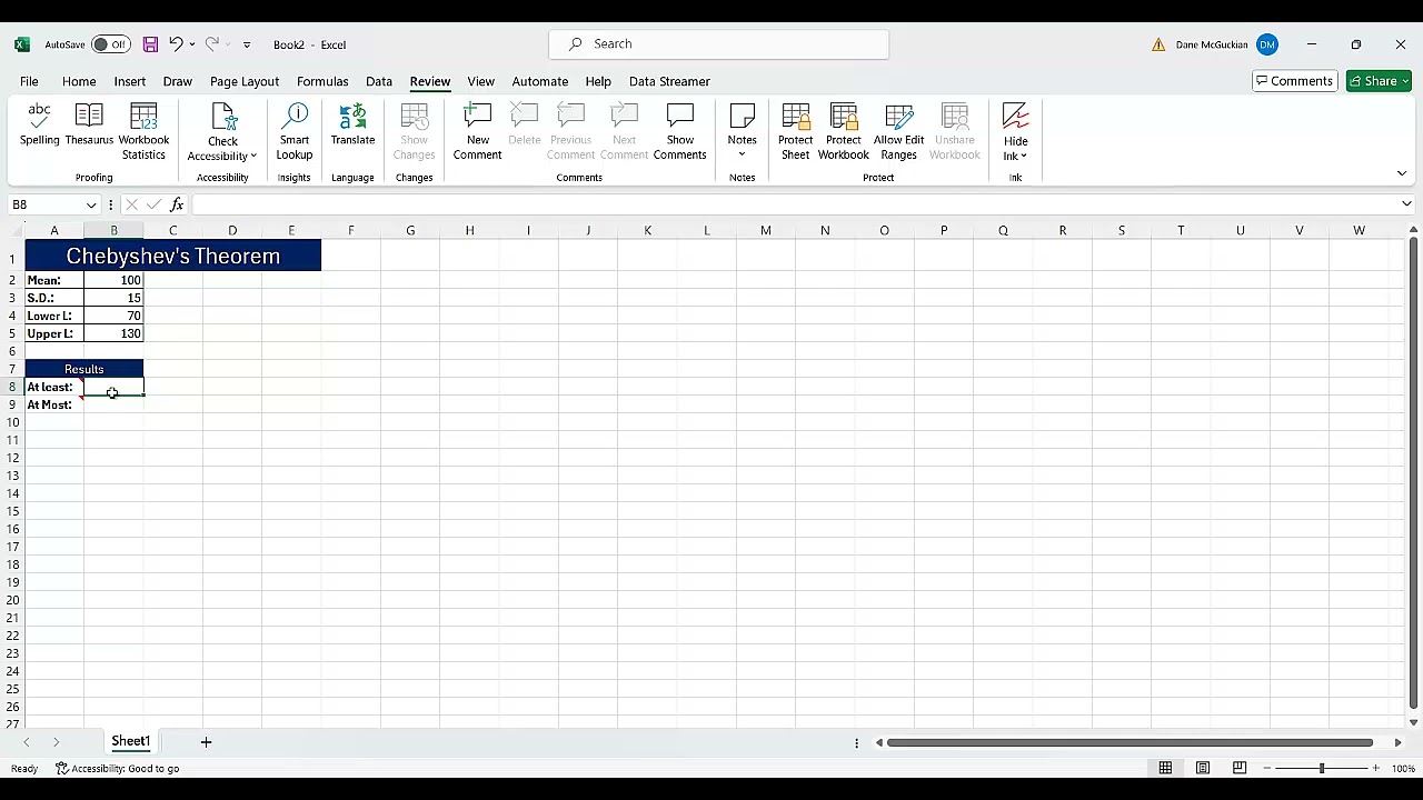 Using Excel and Chebyshev's Theorem to Find the Minimum Percentage of Data In an Interval