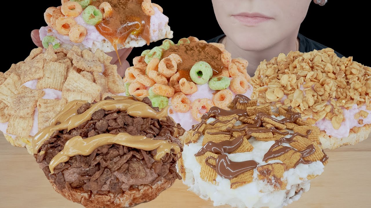ASMR Cereal Rice Cakes *Nutella S'mores, Caramel Tres Leches Cheesecake, Chocolate Peanut Butter