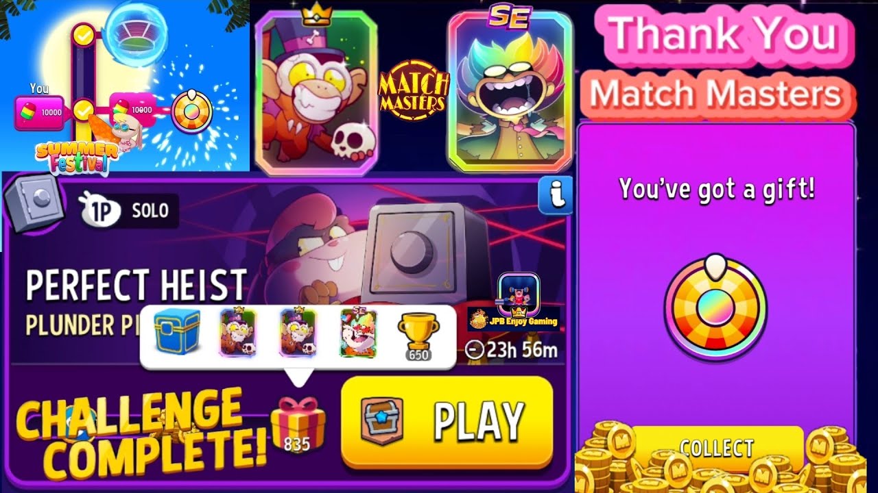 Thank You gift🎁Match Masters/ Plunder Pirates Solo Challenge Perfect Heist 835 Score/Play 2 Boosters
