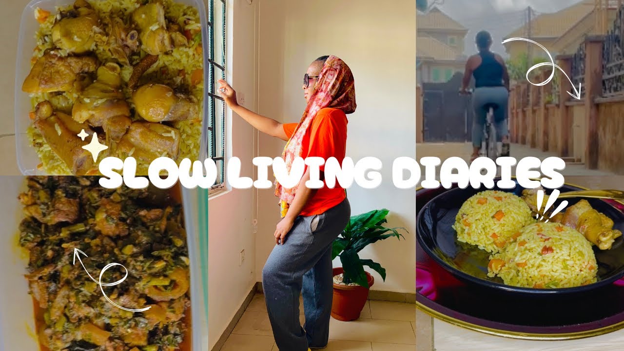 Slow living Diaries | A quiet day cooking at home,  Nigerian Fried Rice, Efo Riro, Unboxing, cycling