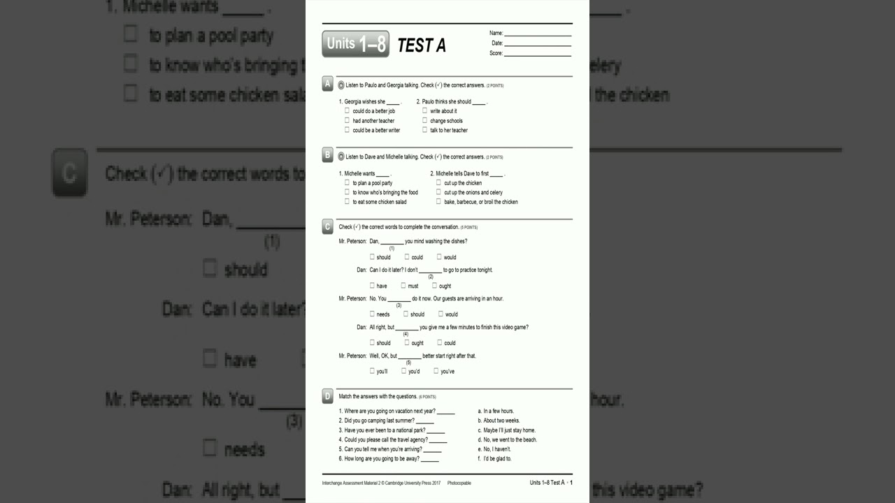 Interchange 5th Level 2 Assessment Unit1-8 Tests Version A
