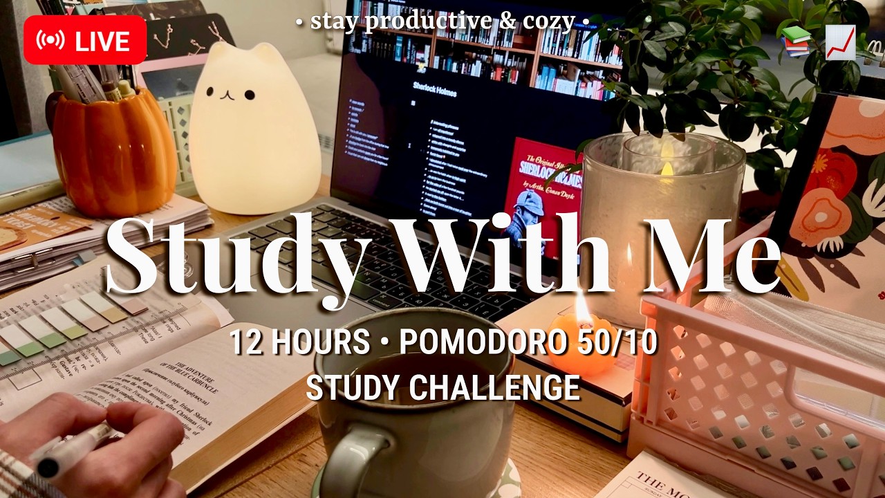 Challenge 🛑 12 HR STUDY WITH ME | 50/10 Pomodoro 🔥 Cozy Fireplace Sound