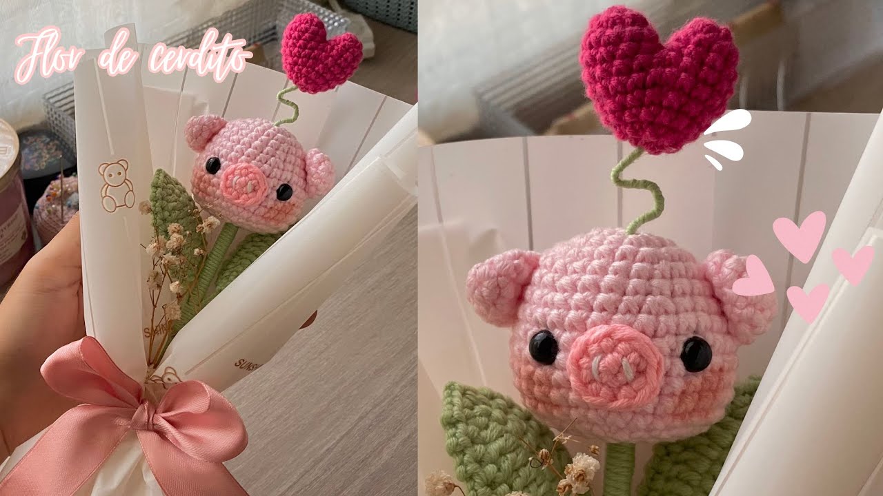 Flores tejidas a crochet 💘  flor de cerdito para san Valentín tutorial paso a paso