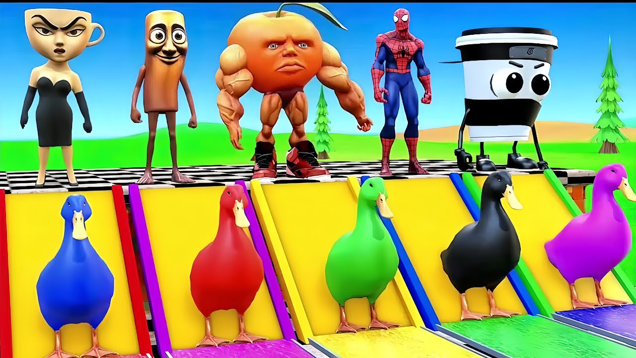 Spiderman Long Slide Game with Funny 3D Animals! 🐘 Gorilla, Elephant & Tiger Kids Gameplay #kids 