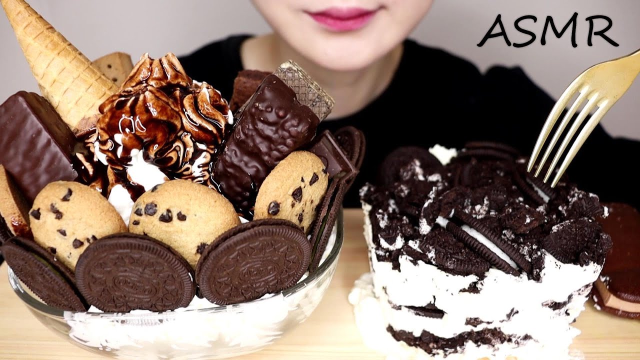 [ASMR] Ешьте огромное шоколадное парфе и чизкейк Oreo