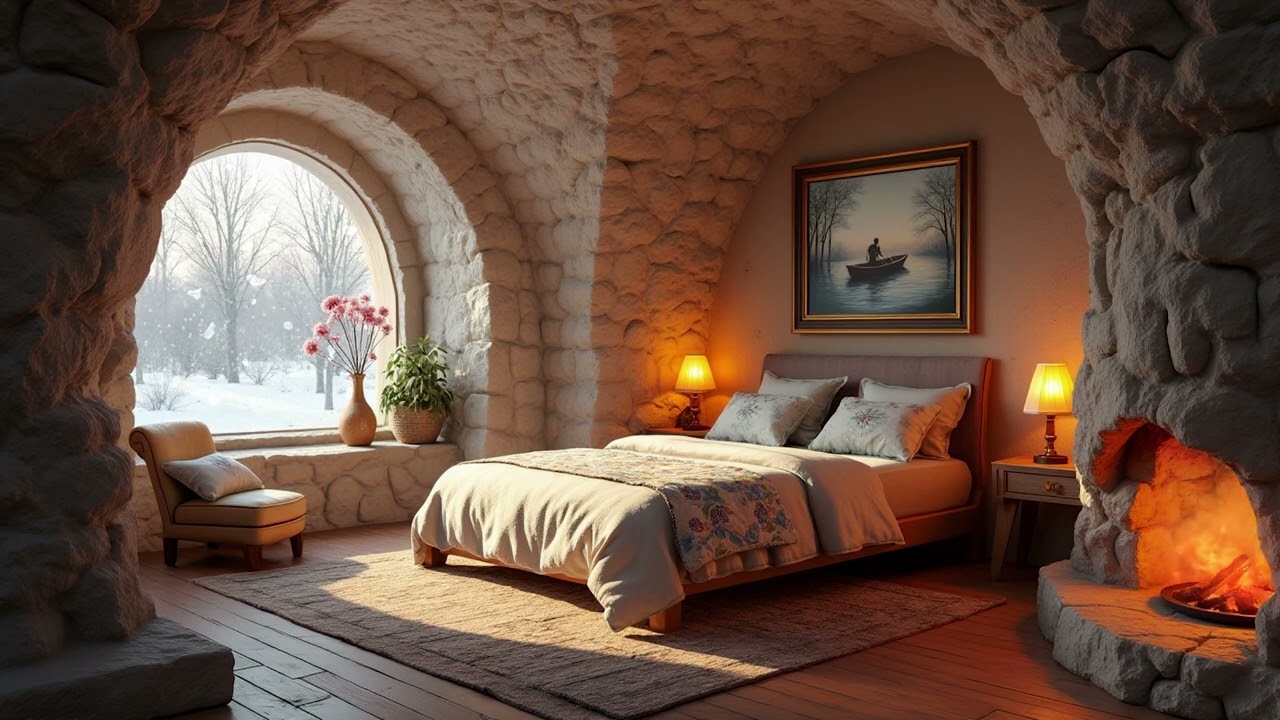 Chambre Confortable avec Cheminée et Vue sur la Neige ~ Background TV