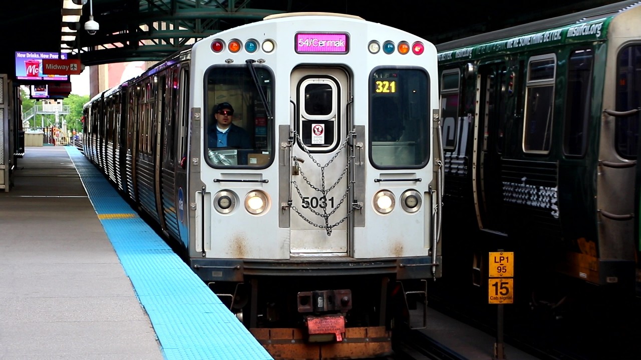CTA 'L' Train System: 54th/Cermak Bombardier 5000-Series Pink Line Train @ Harold Washington Library
