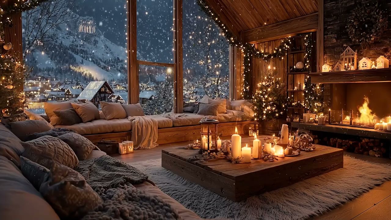 Warm Fireplace & Soft Piano Relaxing Holiday Ambience with Snowfall