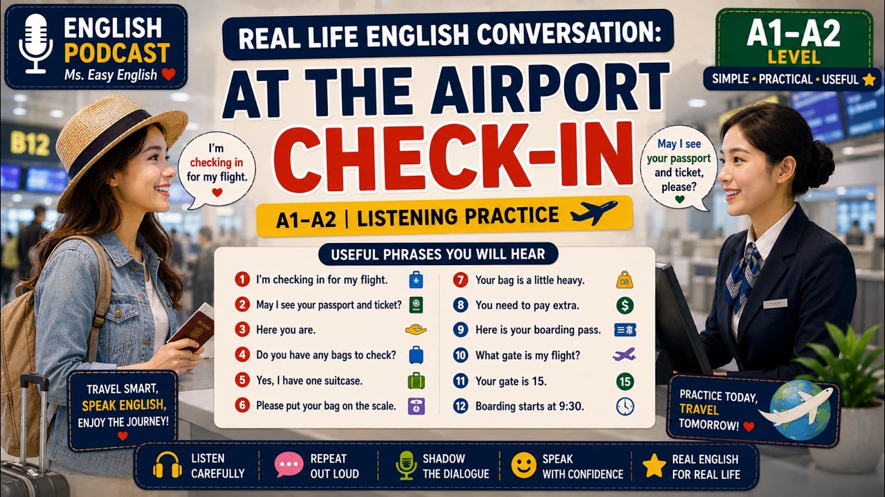 Real Life English Conversation: At the Airport Check-In | A1–A2 | Listening Practice