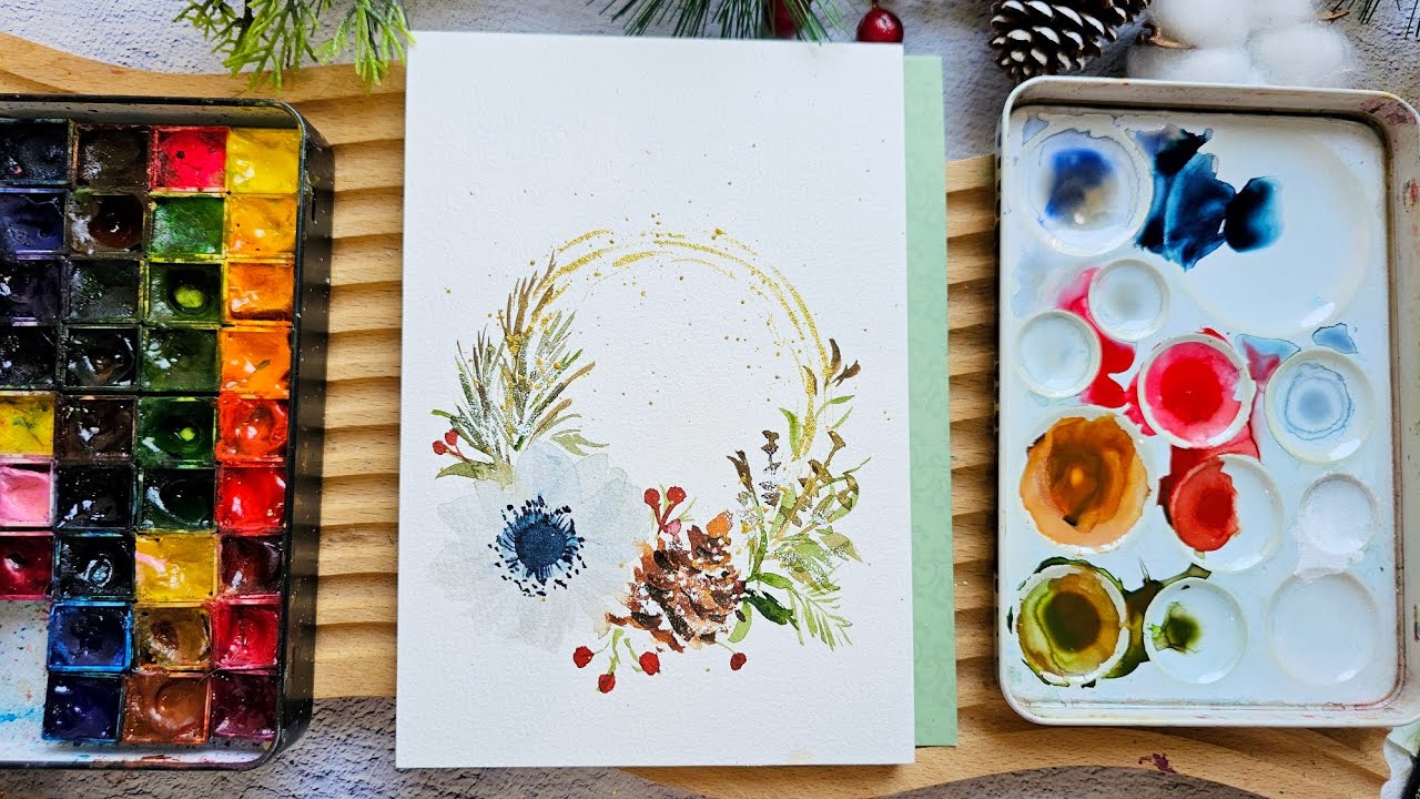 Holiday Watercolor Card Wreath with Anemone/ Day 2