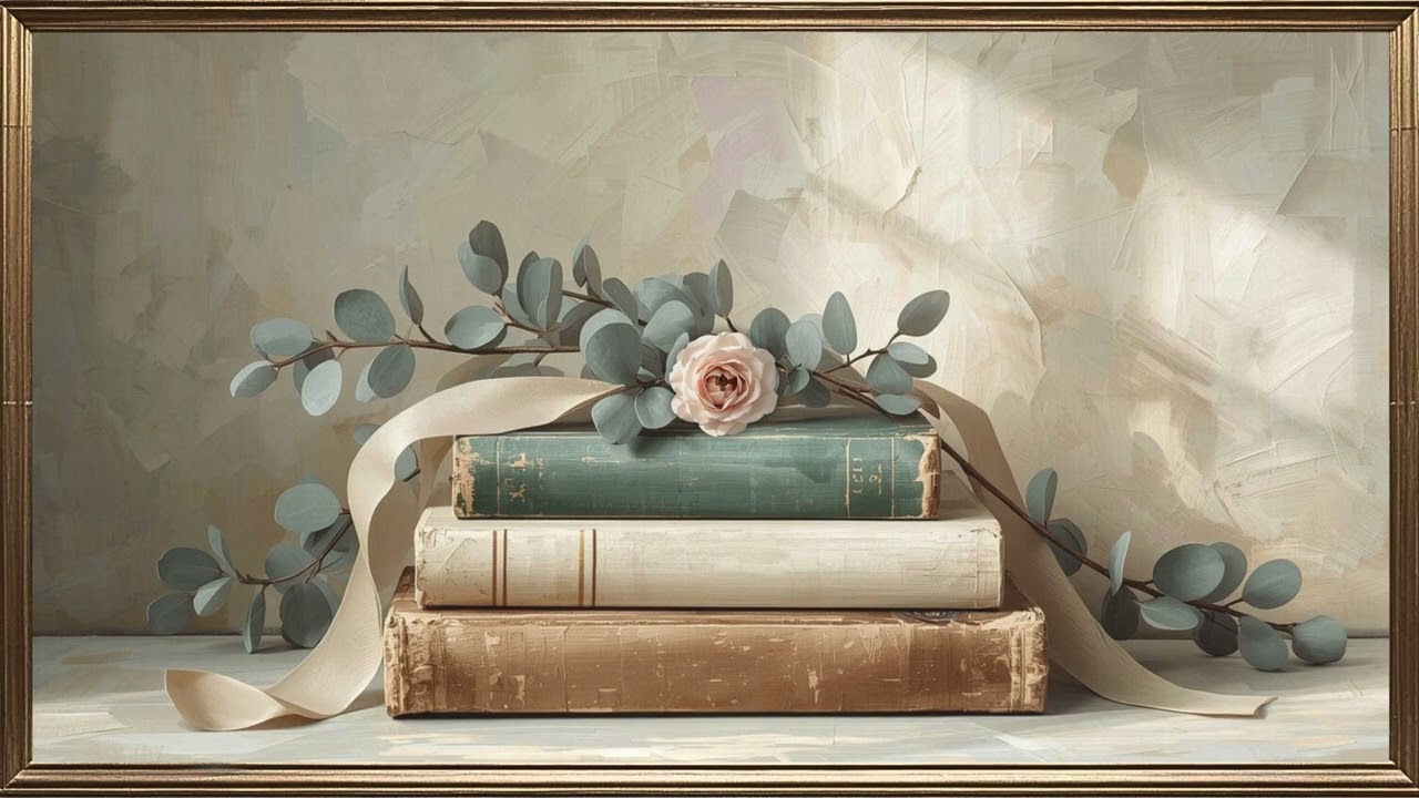 Cozy Reading Nook Art for TV | Neutral Vintage Books & Florals | Frame TV Screensaver