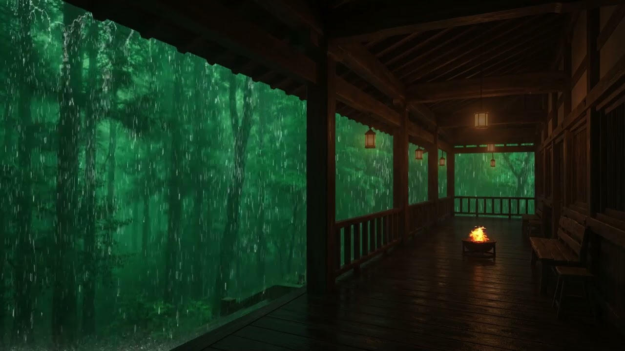 Heavy Rain with Fireplace Crackle for Cozy, Relaxing Evenings