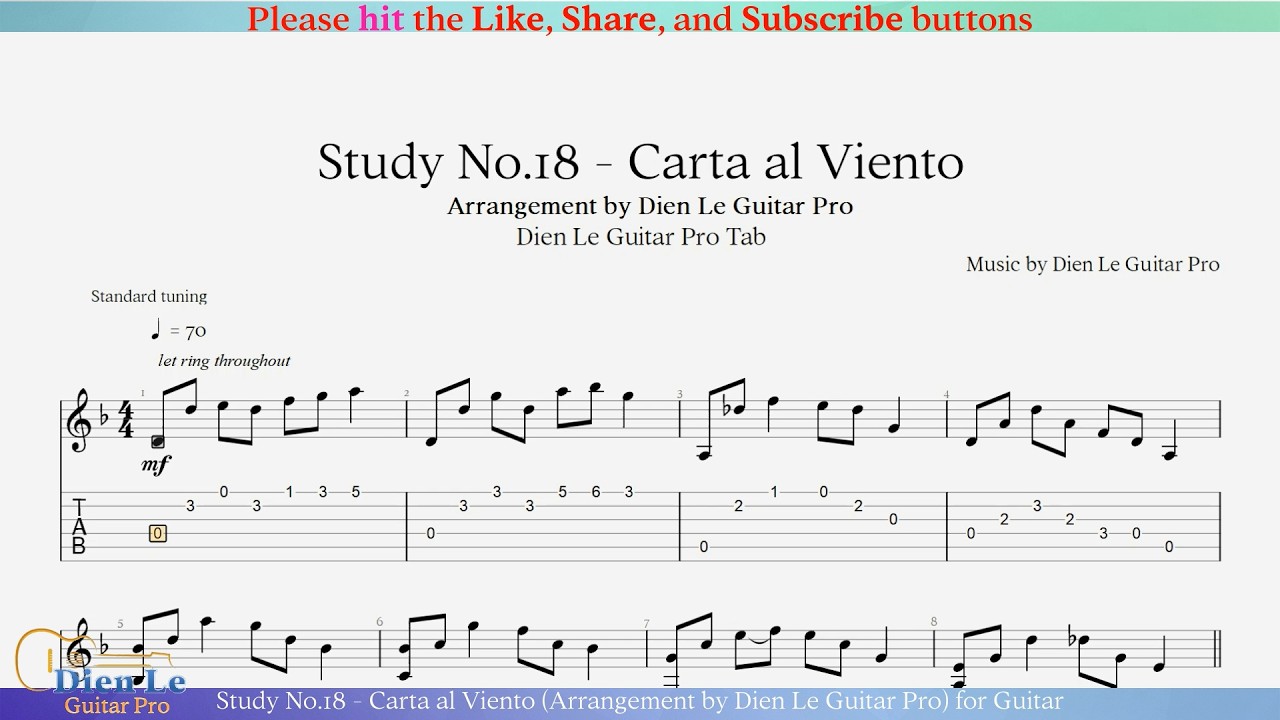 Study No.18 - Carta al Viento (Arrangement by Dien Le Guitar Pro) for Guitar with TAB