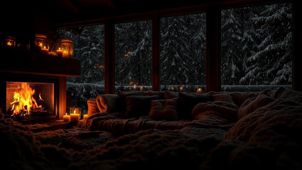 Winter Serenity ❄️ Warm Fireplace and Snowy Scenery Outside Create the Perfect Relaxing Space