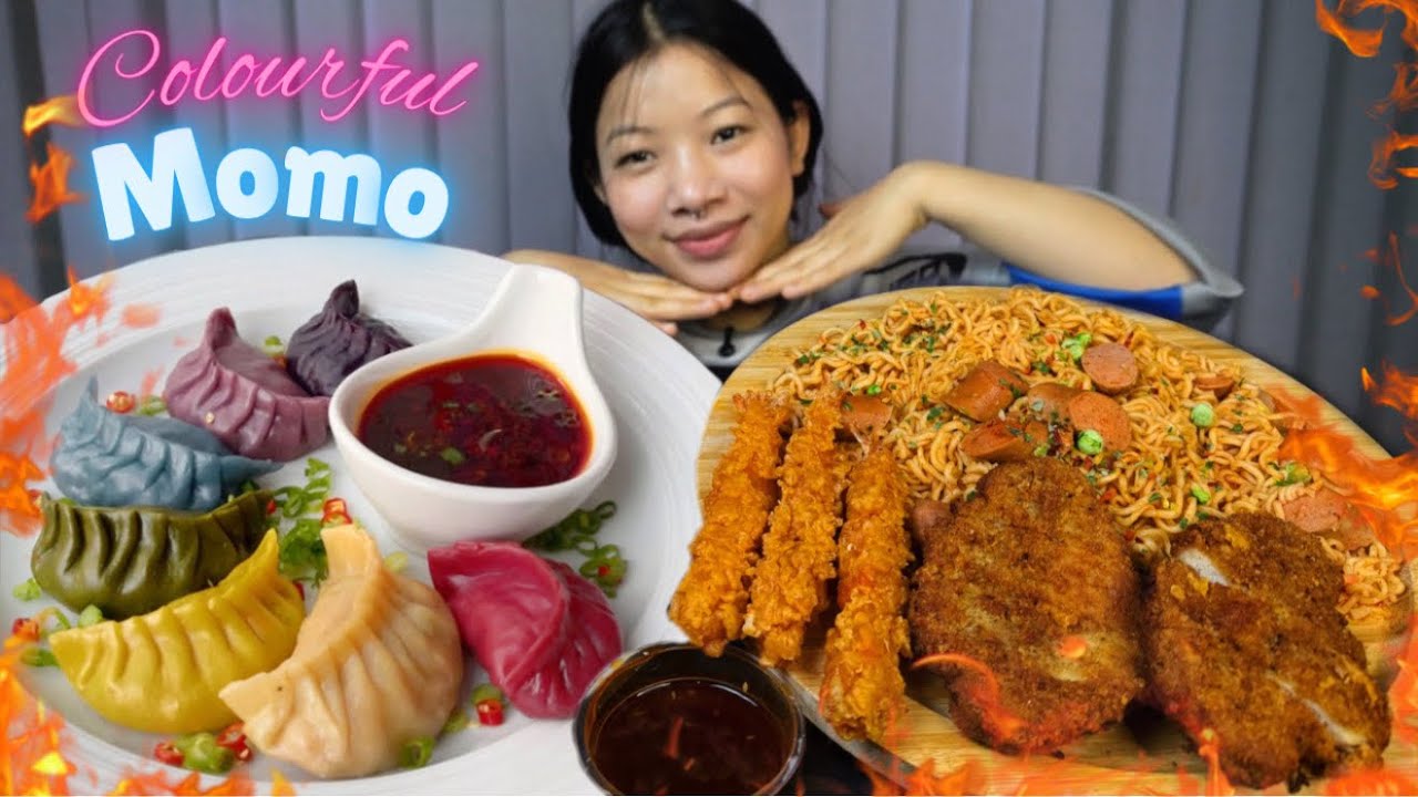 Разноцветные момо / Креветки темпура 🍤 / Курица / Острая лапша с колбасой #yanieats