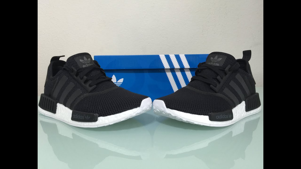 Adidas Black NMD R1 monochrome Nomad runners pack on feet review