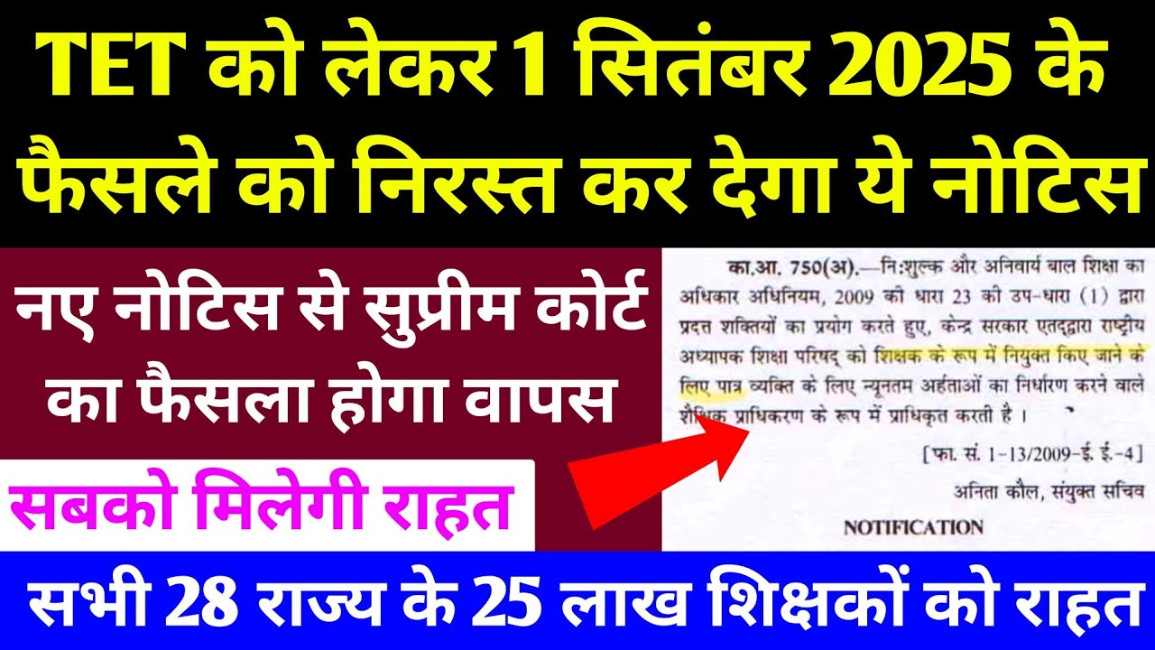 TET को लेकर 1 सितंबर 2025 का फैसला अब होगा निरस्त Notice हुआ जारी l TET Case Decision Supreme Court 