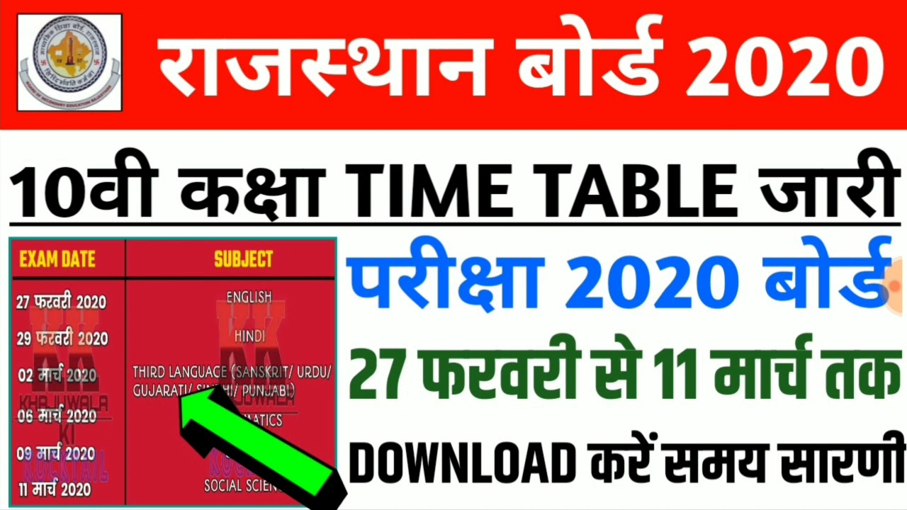 Rbse Board Ajmer 10th Class Time Table 2020/राजस्थान बोर्ड 10 कक्षा time table,exam date 2020