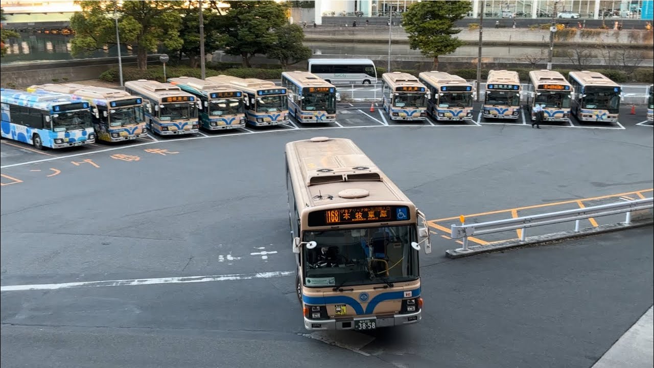 神奈中バス横43戸塚駅東口行きお104と横浜市営バス168ぴあアリーナMM・三溪園入口 本牧車庫行き3-1766、京浜急行バス横浜駅行きE6643、横浜市営バス48東神奈川駅行き0-1748が走行！