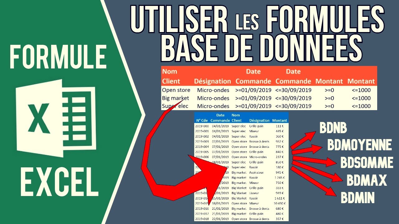 EXCEL - UTILISER LES FORMULES DE BASE DE DONN&Eacute;ES (BDNB, BDSOMME, BDMIN, BDMAX, BDMOYENNE...)