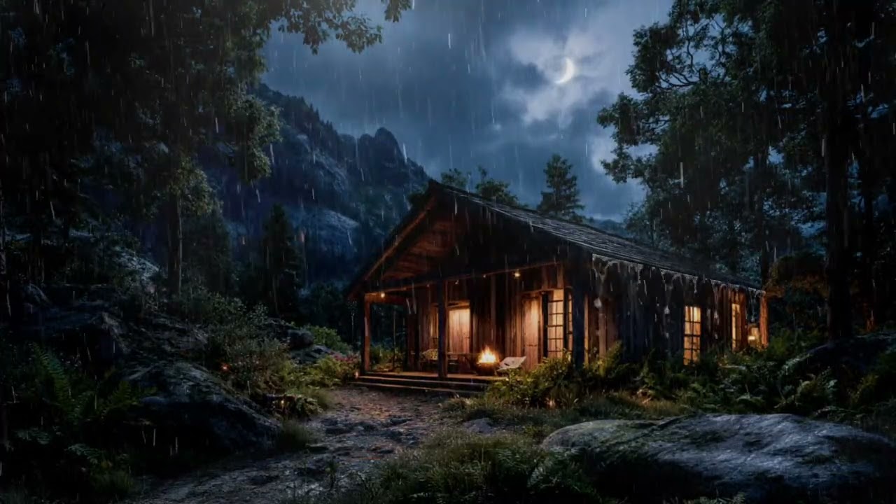 Cozy Cabin Thunderstorm at Night | Heavy Rain & Waterfall Sleep Ambience