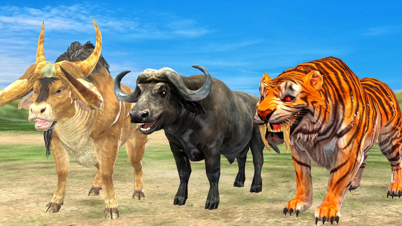 10 Giant Tiger vs 10 Giant Buffalo vs 10 Elephant Fight Mini Cow Buffalo Save By Woolly Mammoth Bull