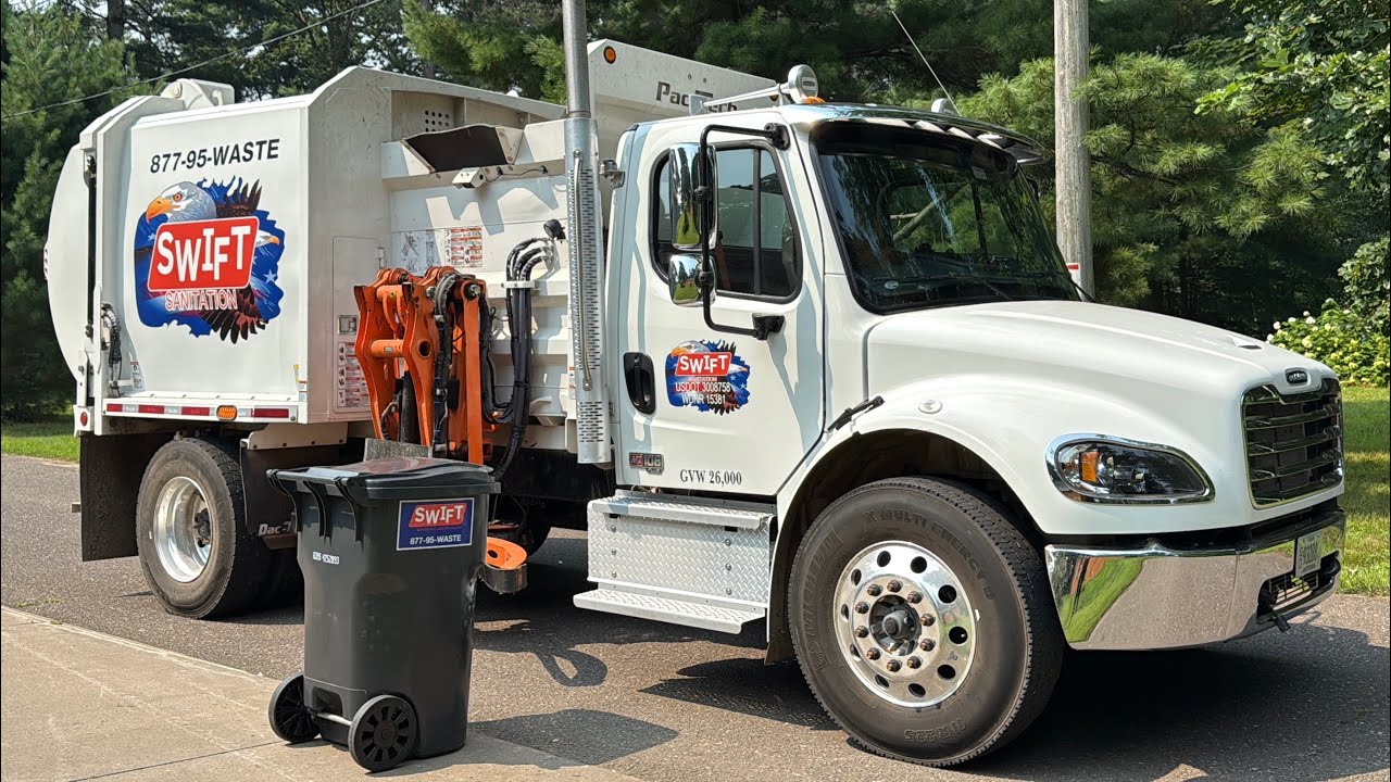 Swift Sanitation Freightliner M2 Pactech Mini Bandit Side Loader Garbage Truck