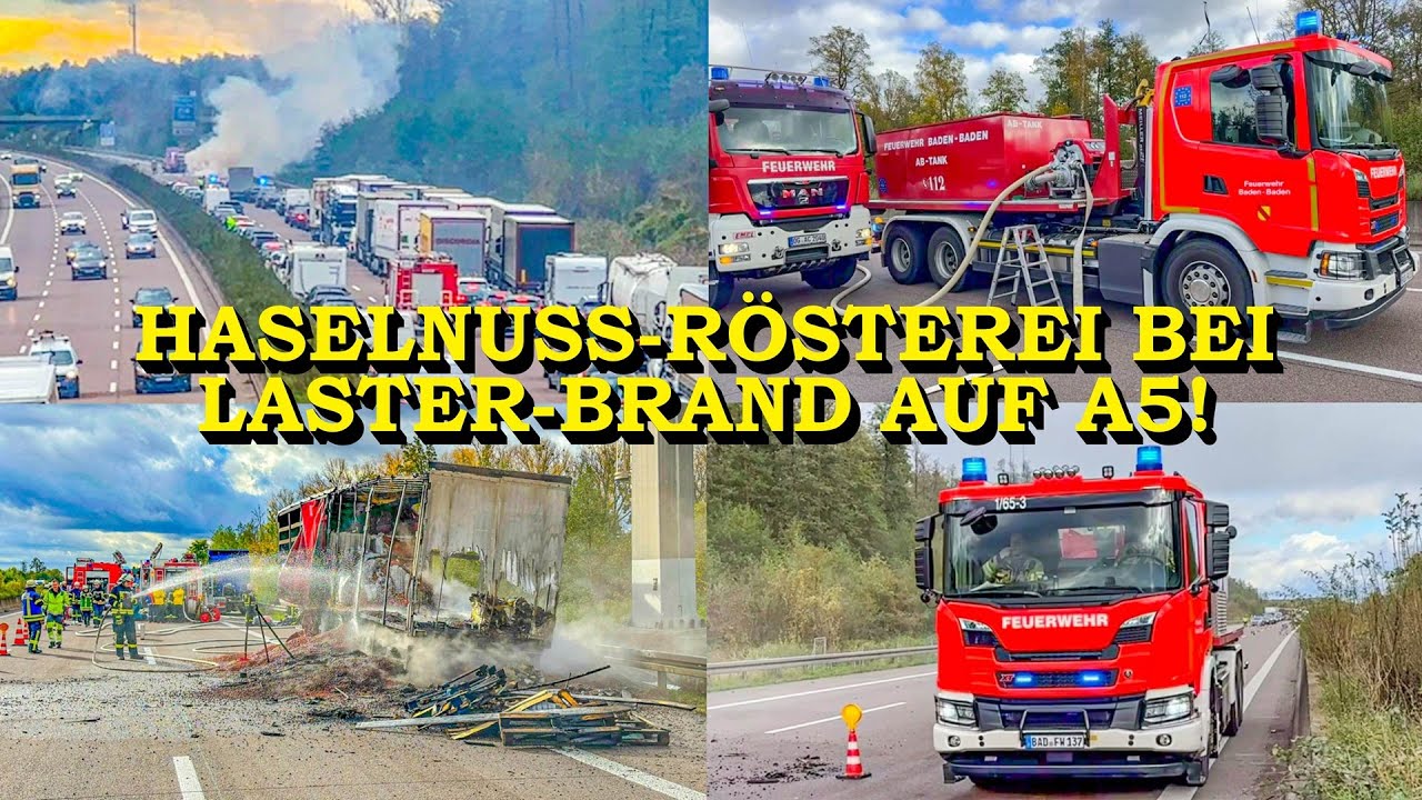+++ HASELNUSS-RÖSTEREI BEI FEUER +++ LASTWAGEN MIT 20 TONNEN HASELNÜSSEN IN FLAMMEN | FEUERWEHR | A5