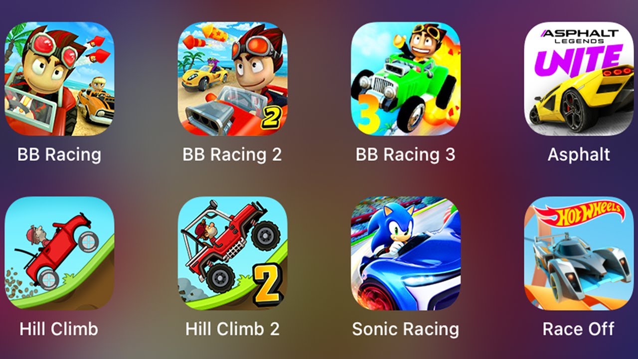 Beach Buggy Racing 3,Sonic Racing,Hill Climb Racing 2,Hot Wheels Race Off,Asphalt 9,BB Racing 3+2+1