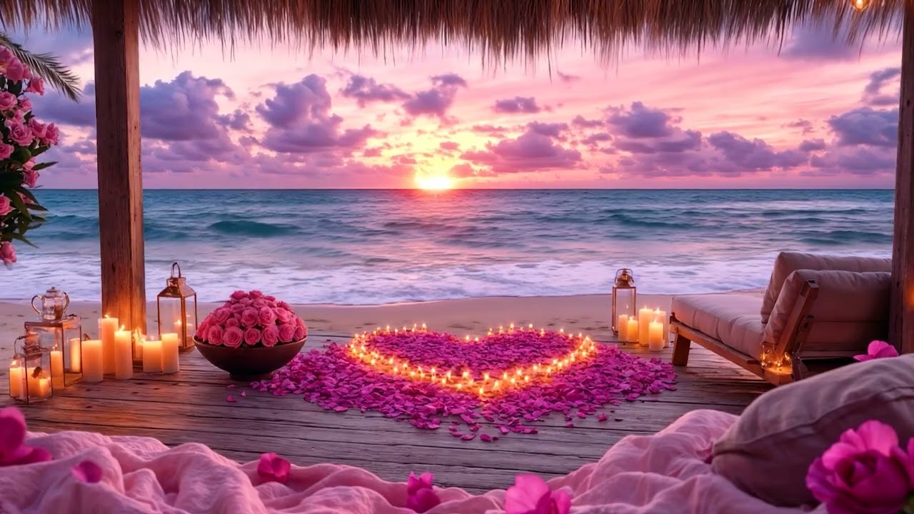 💗🌊 Dreamy Rose Valentine Seaside Ambience  💕 Soft Ocean Waves, Cozy Fire Sounds & Healing Jazz Music