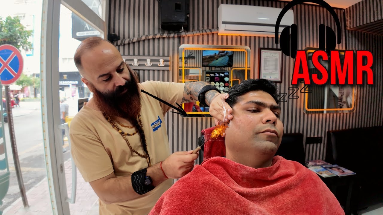 🇹🇷 Turkish Barber goes EXTRA mile with Shave, 🔥 FIRE and Waxing to hair wash and styling [ASMR] 2025