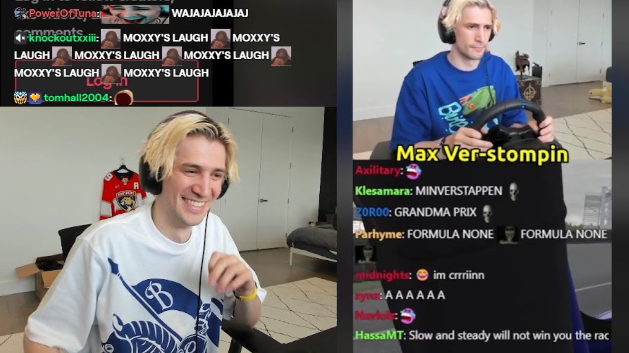 xQc умирает от смеха, когда m0xyy троллит xQc во время iRacing