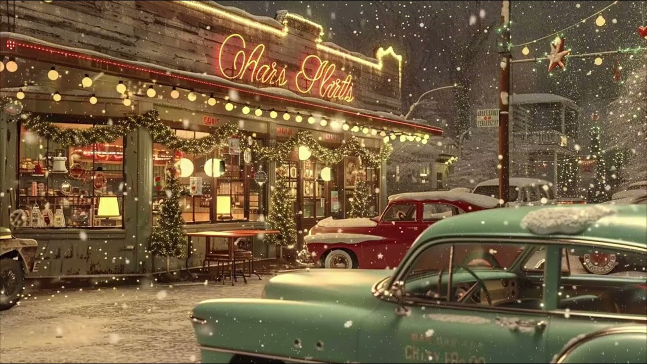 Cozy Retro Christmas Coffee Shop Ambience | Relaxing Snowy Winter Night & Soft Piano Music (4K)
