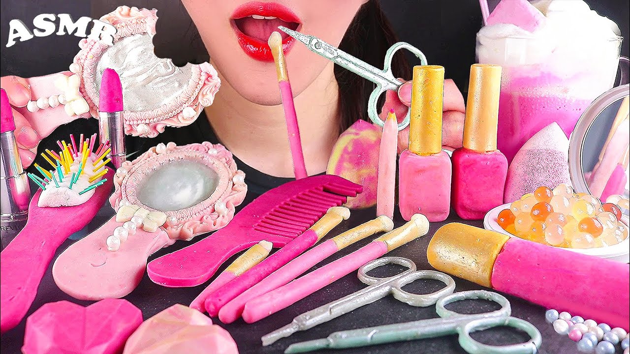 ASMR EDIBLE косметическое средство, зеркало, ножницы, пуховка, кисточка, помада, расческа, звук еды