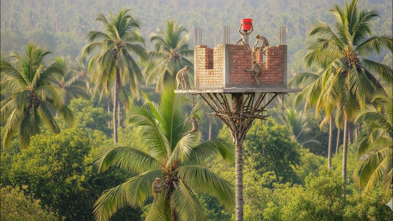 बंदरों ने मिलकर बनाया खजूर के पेड़ पर मकान 😱 | Monkeys together built a house on a palm tree 😱 | 