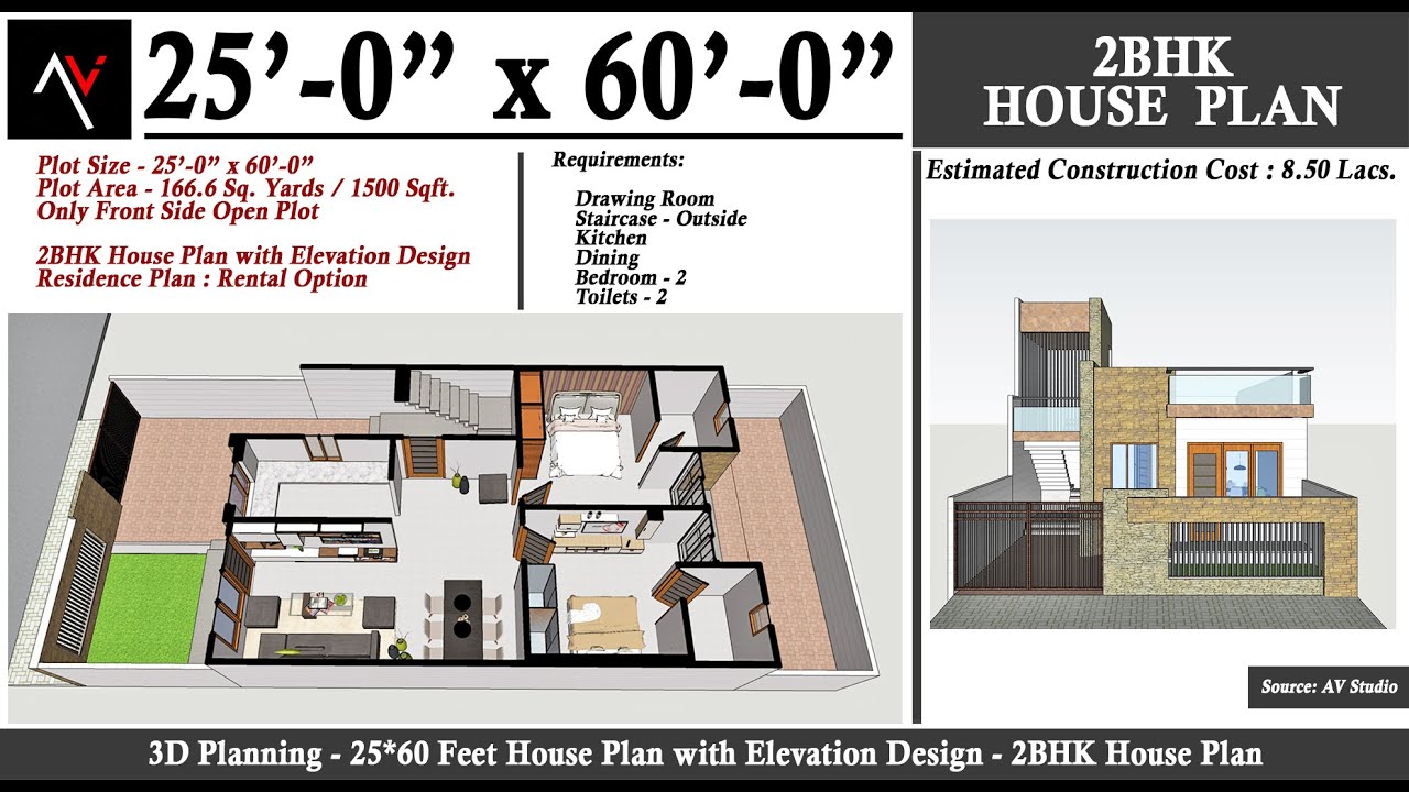 25*60 Feet ka Naksha | 1500 Sqft House Plan | 2BHK HOUSE PLAN | 3D Planning me Naksha Samjhe |