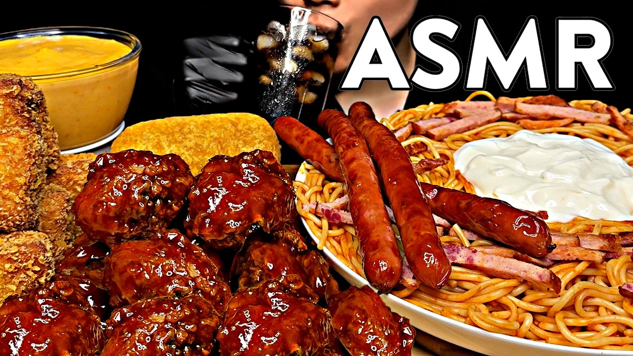 ASMR MUKBANG Fried Chicken, Fried Shrimp Toast, Cheese Corn Dog, Spaghetti, Sausages #asmr #mukbang