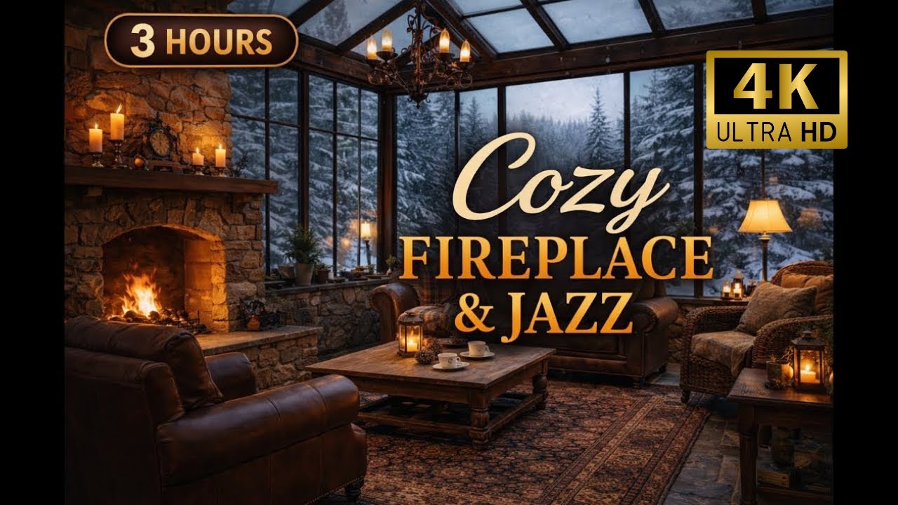 3 Hours Soft Jazz 🎷 & Cozy Fireplace Sound 🔥 | Winter Garden Ambience for Relax & Study & Sleep