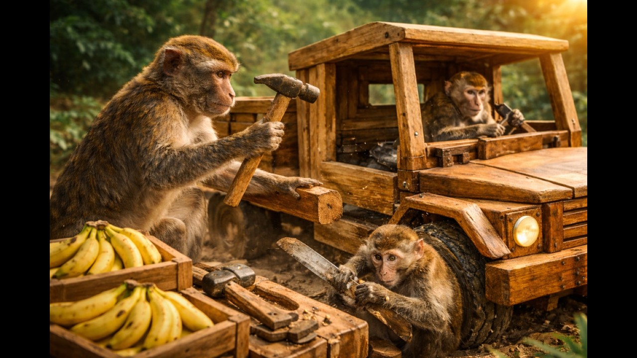 Monkeys Construct a Real Working Wooden Cargo Truck From Scratch — Jungle Survival Engineering